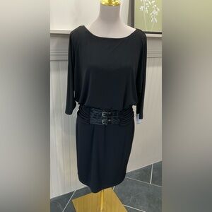 Jessica Howard Black Sheath Dress Size 8 Stretch Built-In Belt Fully Lined